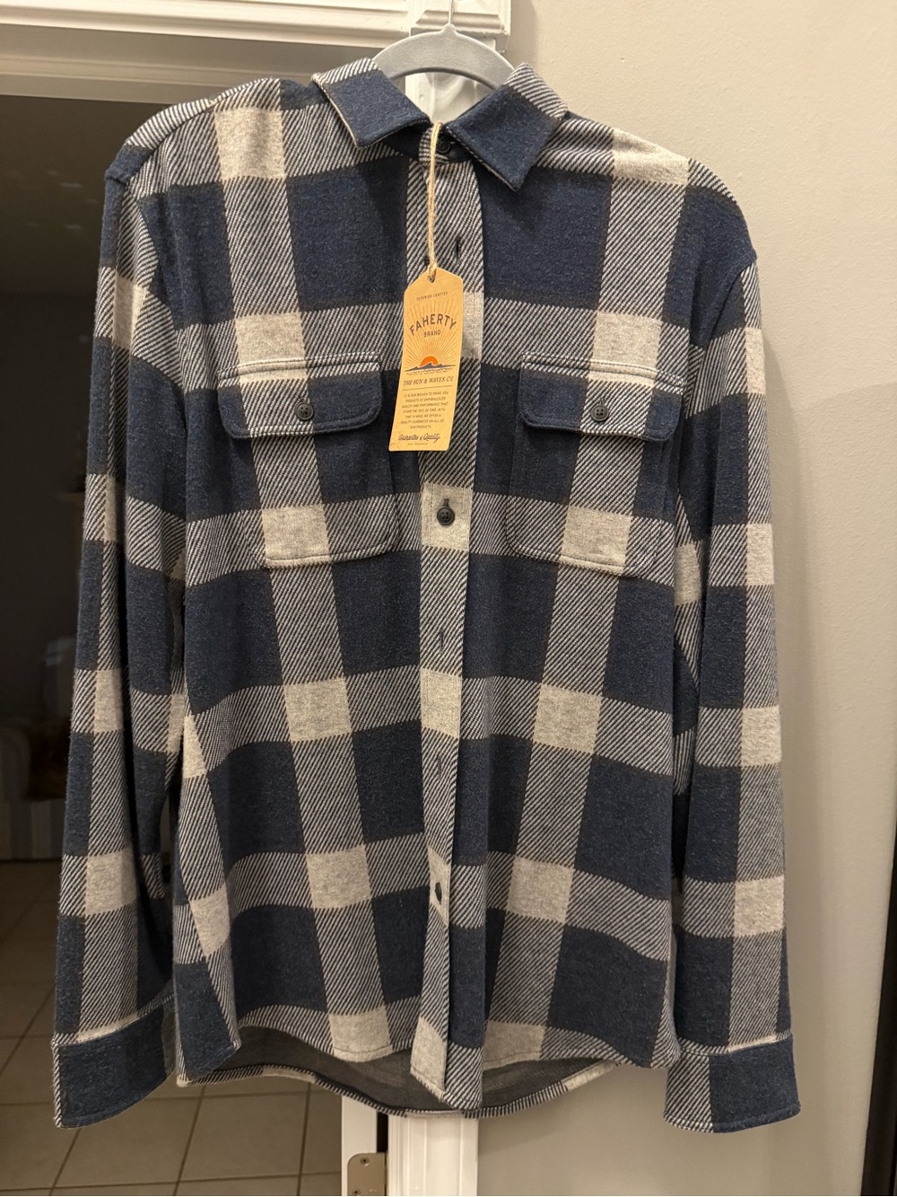 Faherty Blue and Cream Plaid Flannel Button-Down